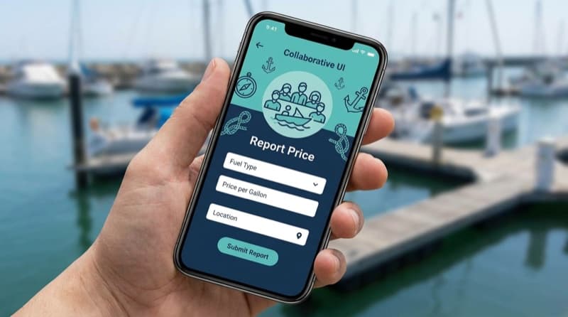 Boater submitting a fuel price report from a phone at the dock