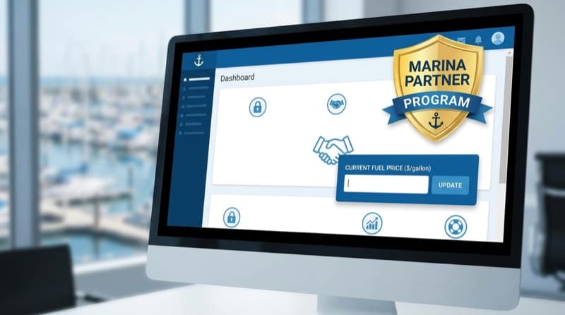 Marina manager dashboard with a Marina Partner Program badge and a current fuel price update field